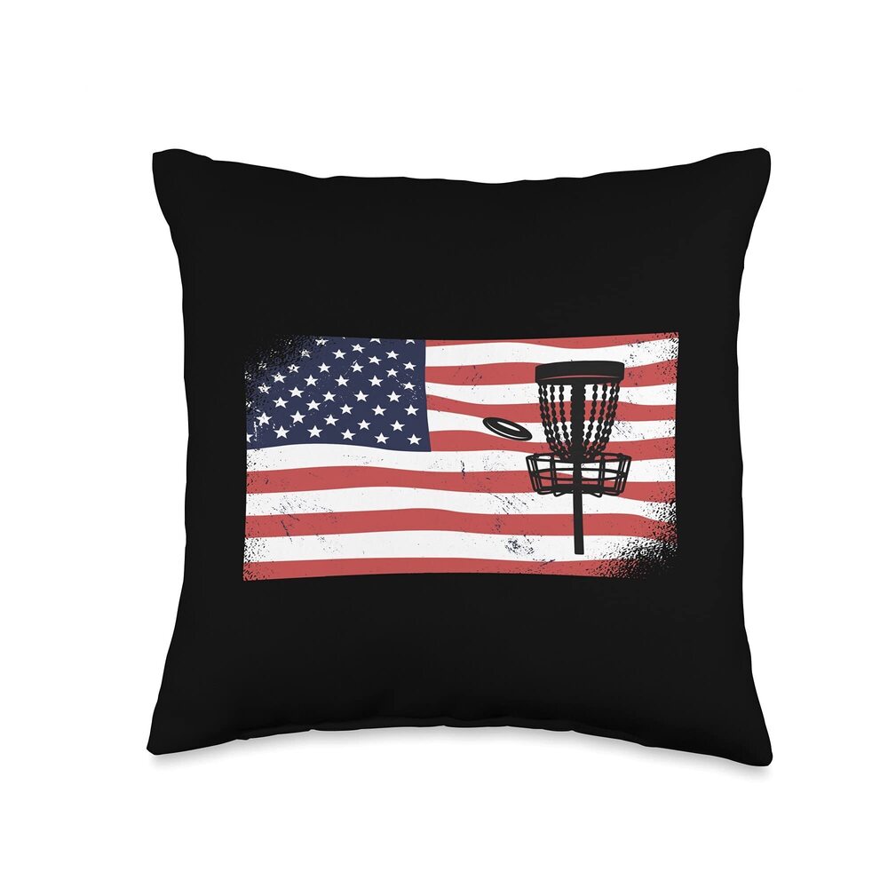 4271 American Flag Patriotic USA Disc Golf Basket Memorial Throw Pillow